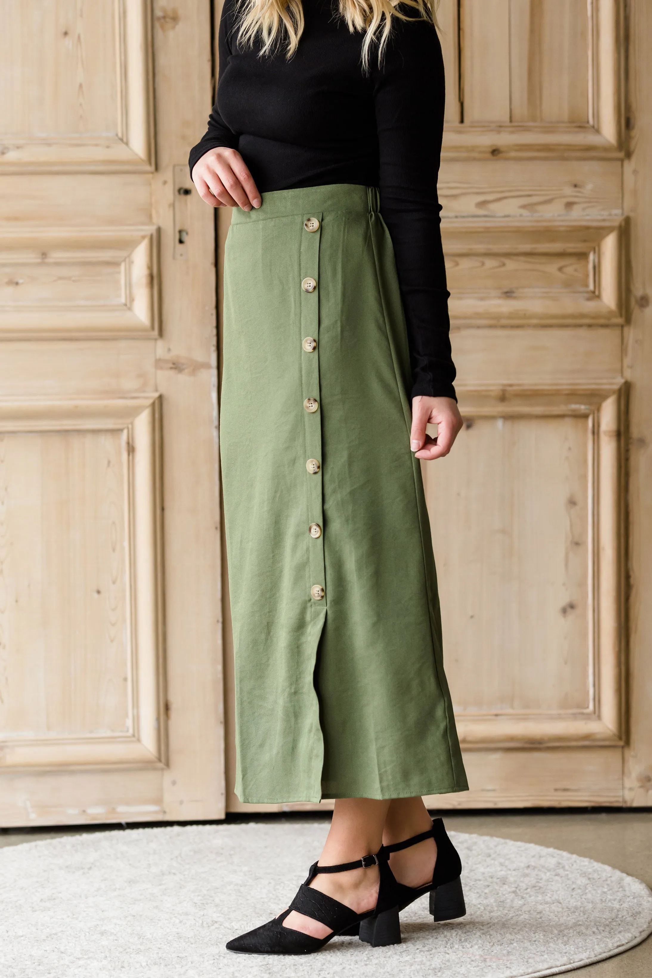 Olive Side Detail Midi Skirt - FINAL SALE