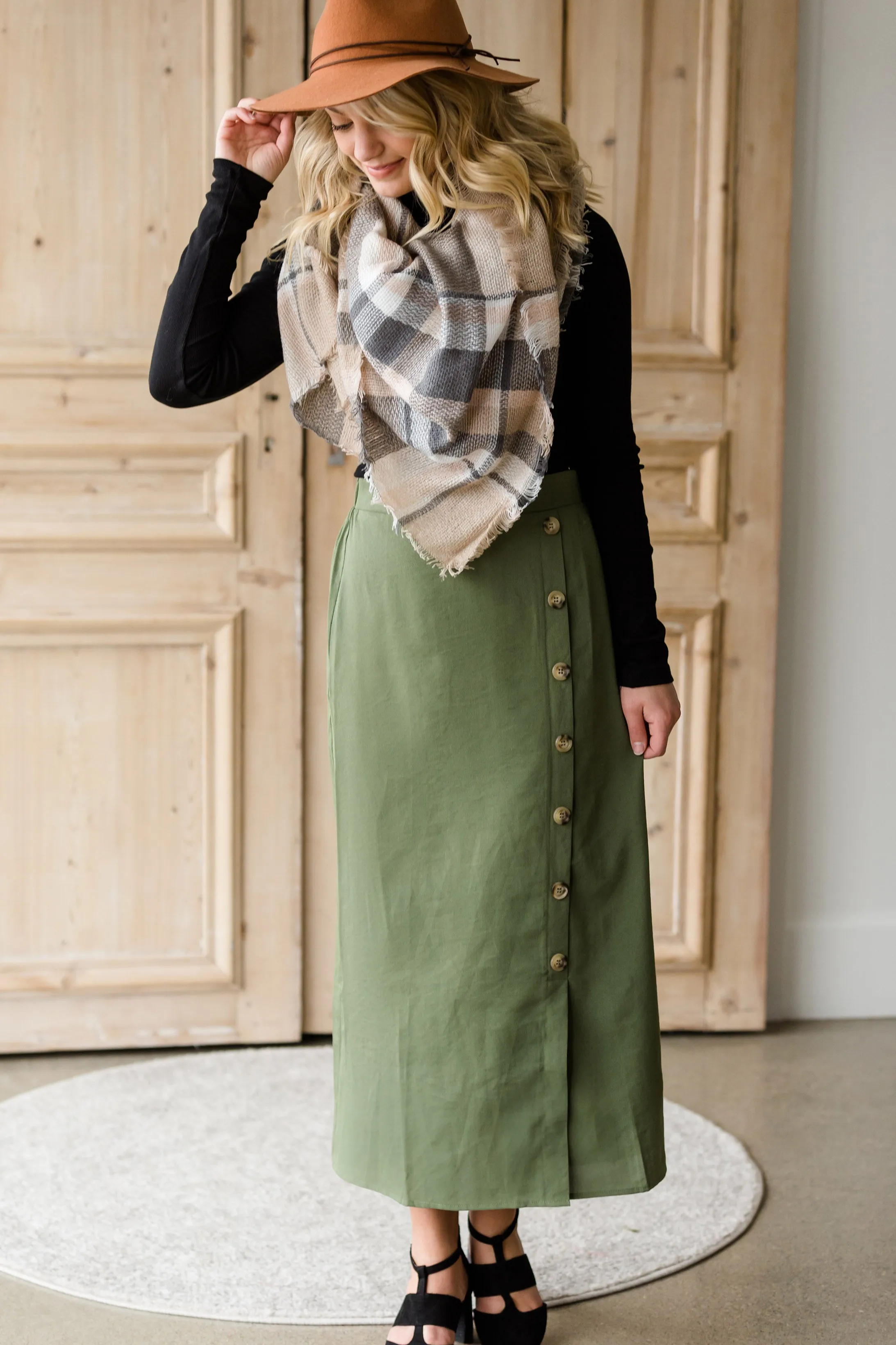Olive Side Detail Midi Skirt - FINAL SALE