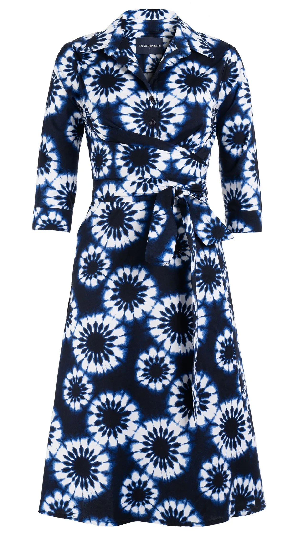 Olivia Dress Shirt Collar 3/4 Sleeve Long Length Cotton Stretch (Shibori Snowflake)