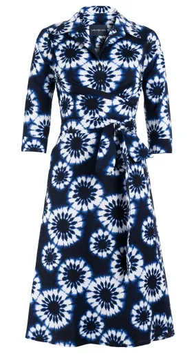 Olivia Dress Shirt Collar 3/4 Sleeve Long Length Cotton Stretch (Shibori Snowflake)
