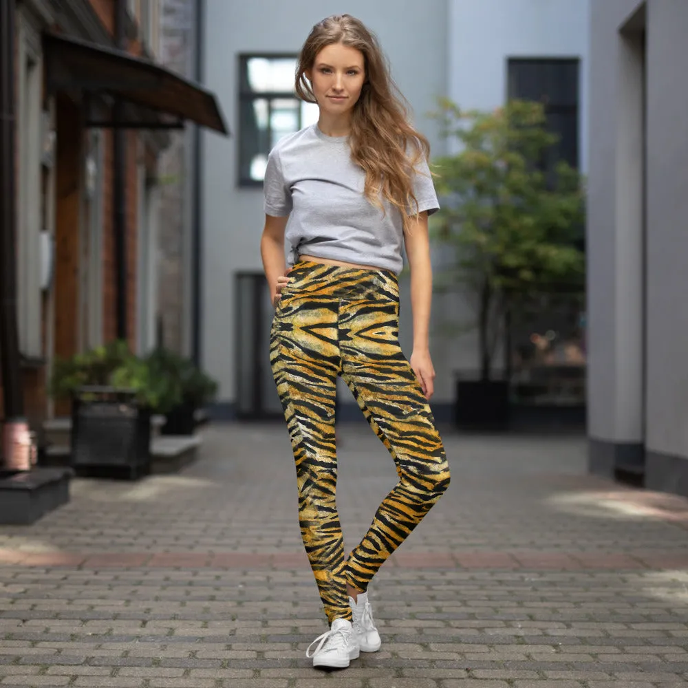 Orange Tiger Stripe Yoga Leggings, Women's Striped Animal Print Tights-Made in USA/EU