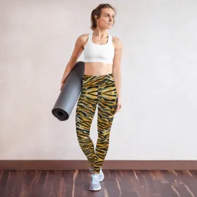 Orange Tiger Stripe Yoga Leggings, Women's Striped Animal Print Tights-Made in USA/EU