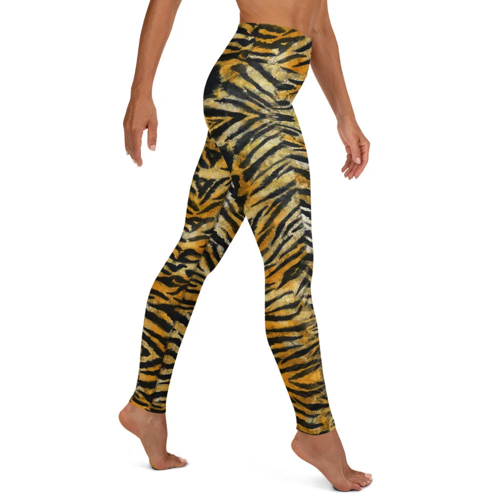 Orange Tiger Stripe Yoga Leggings, Women's Striped Animal Print Tights-Made in USA/EU