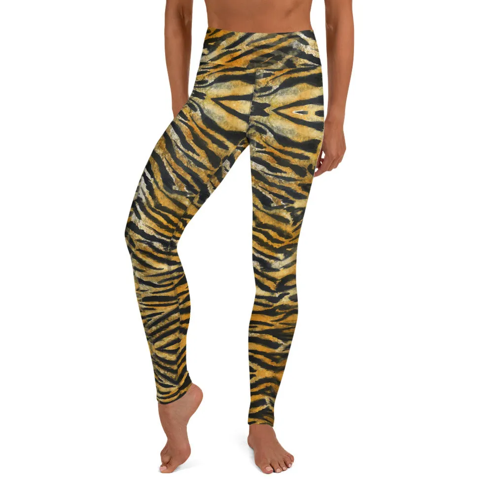 Orange Tiger Stripe Yoga Leggings, Women's Striped Animal Print Tights-Made in USA/EU