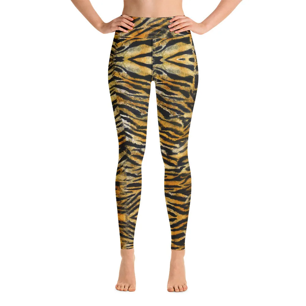 Orange Tiger Stripe Yoga Leggings, Women's Striped Animal Print Tights-Made in USA/EU