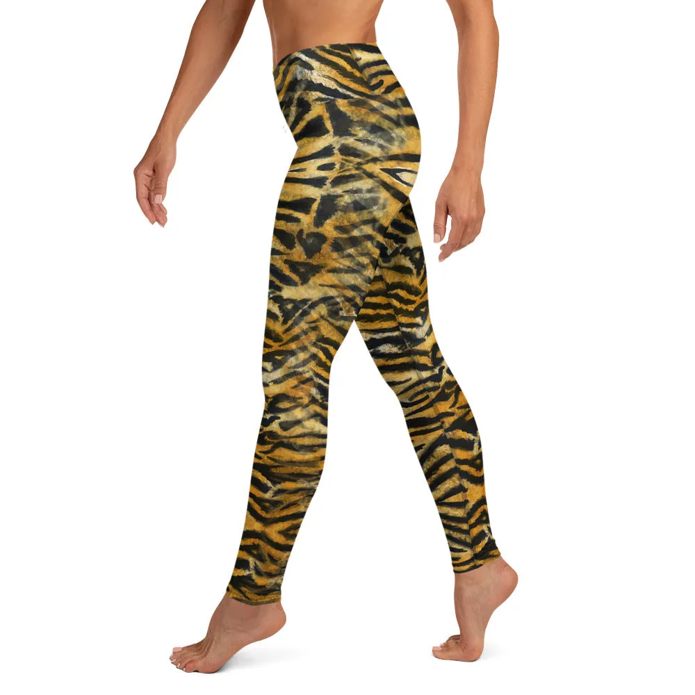 Orange Tiger Stripe Yoga Leggings, Women's Striped Animal Print Tights-Made in USA/EU