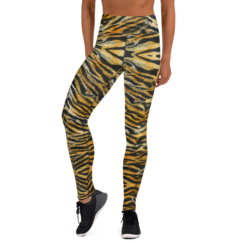 Orange Tiger Stripe Yoga Leggings, Women's Striped Animal Print Tights-Made in USA/EU