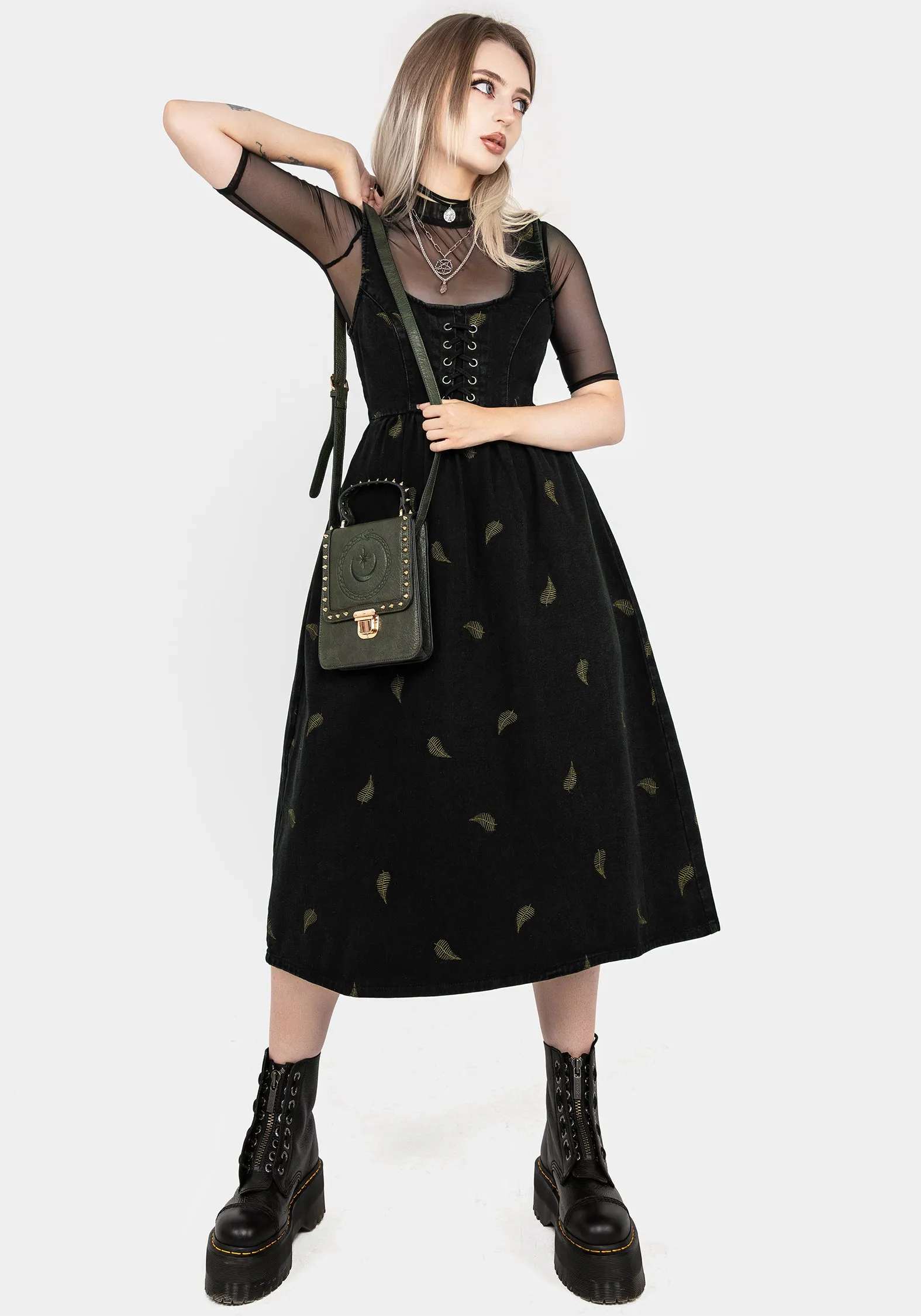 Osmunda Fern Embroidered Lace Up Midi Pinafore Dress