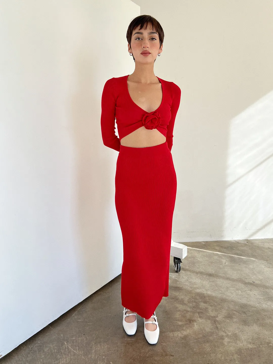 Paris Knit Midi Skirt - Cherry