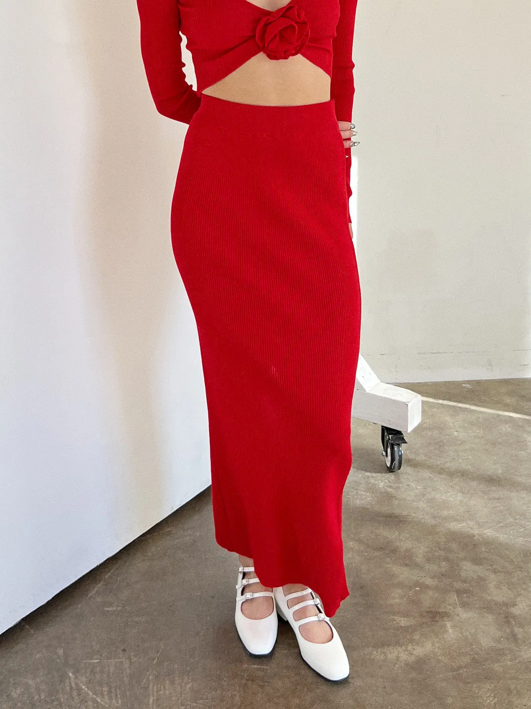 Paris Knit Midi Skirt - Cherry