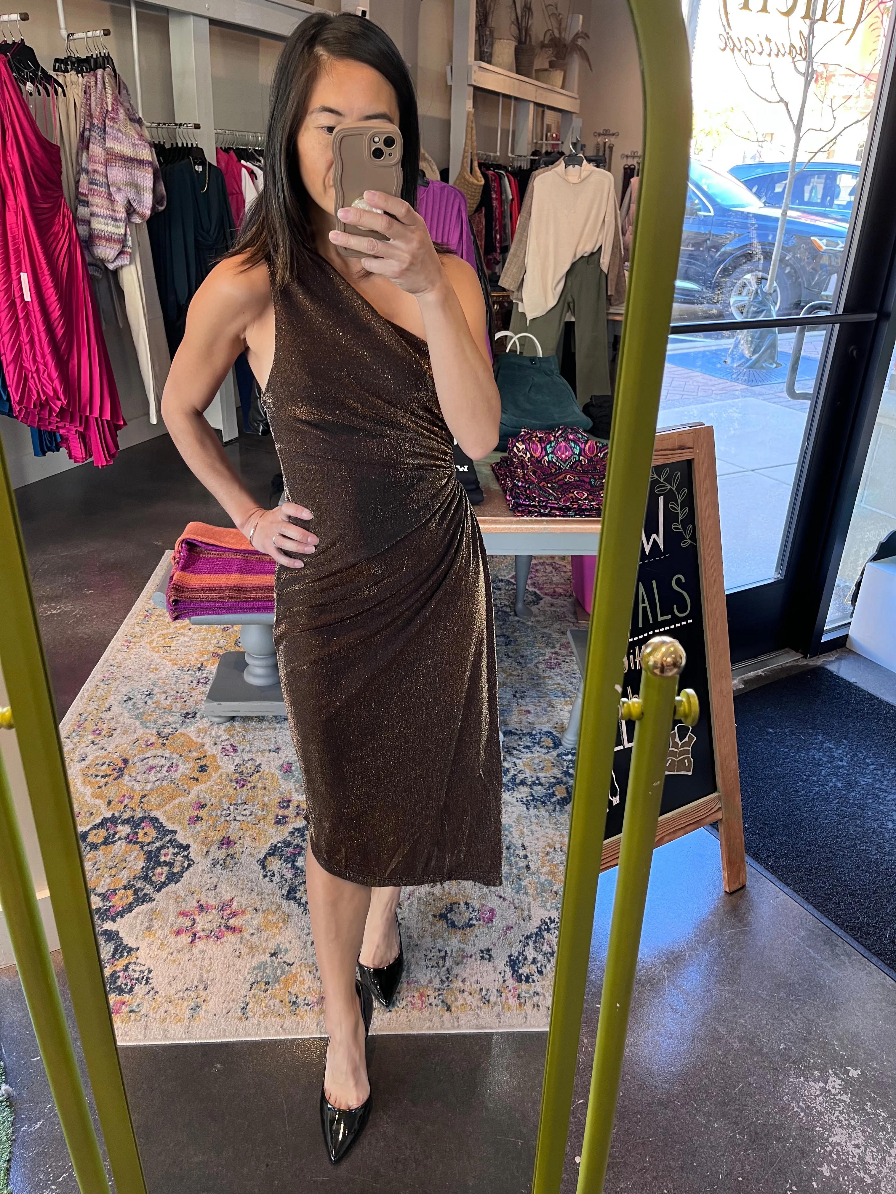 Pearlie One Shoulder Asymmetrical Midi Dress