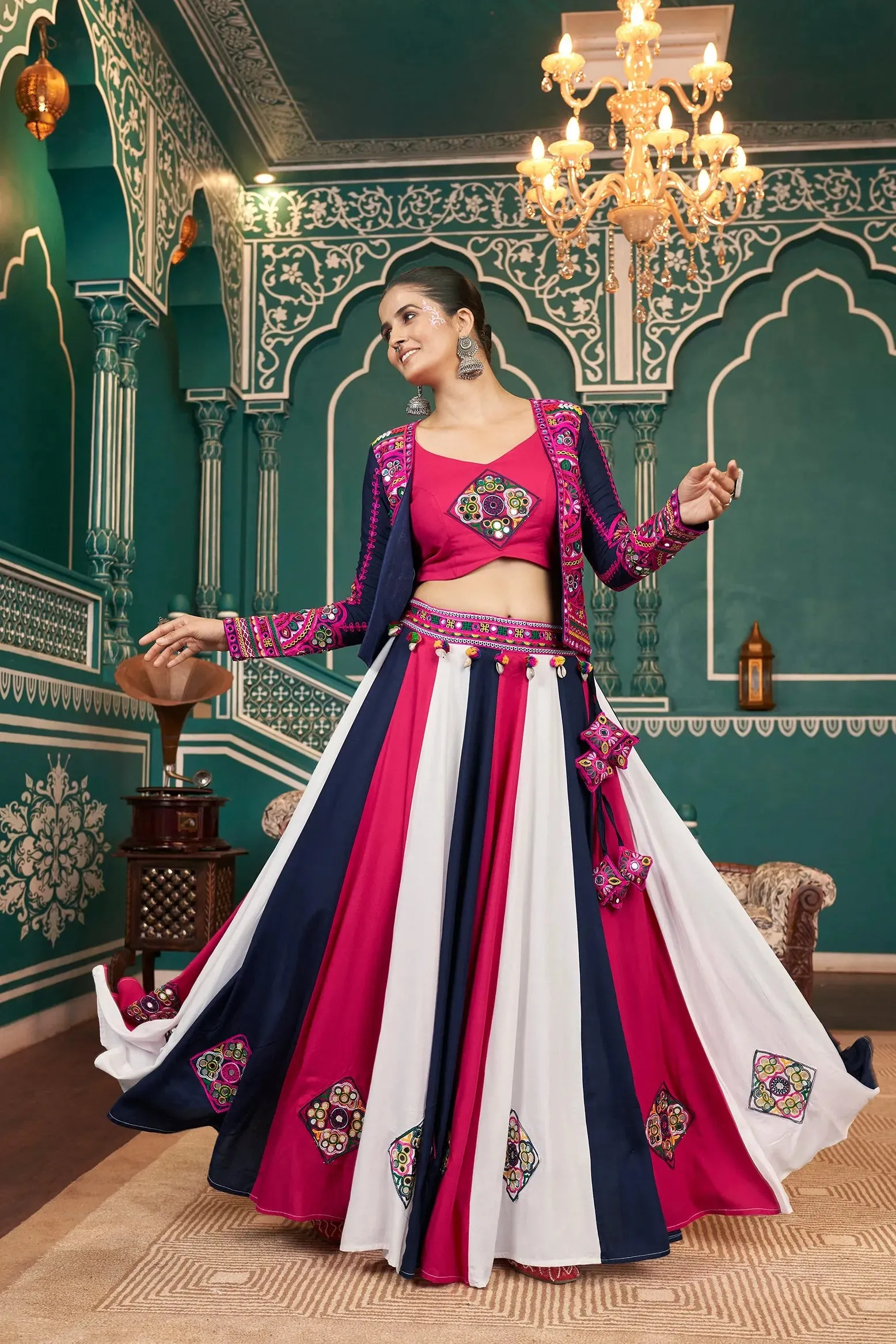 Peerless Multicolored Rayon Navratri Jacket Lehenga Choli