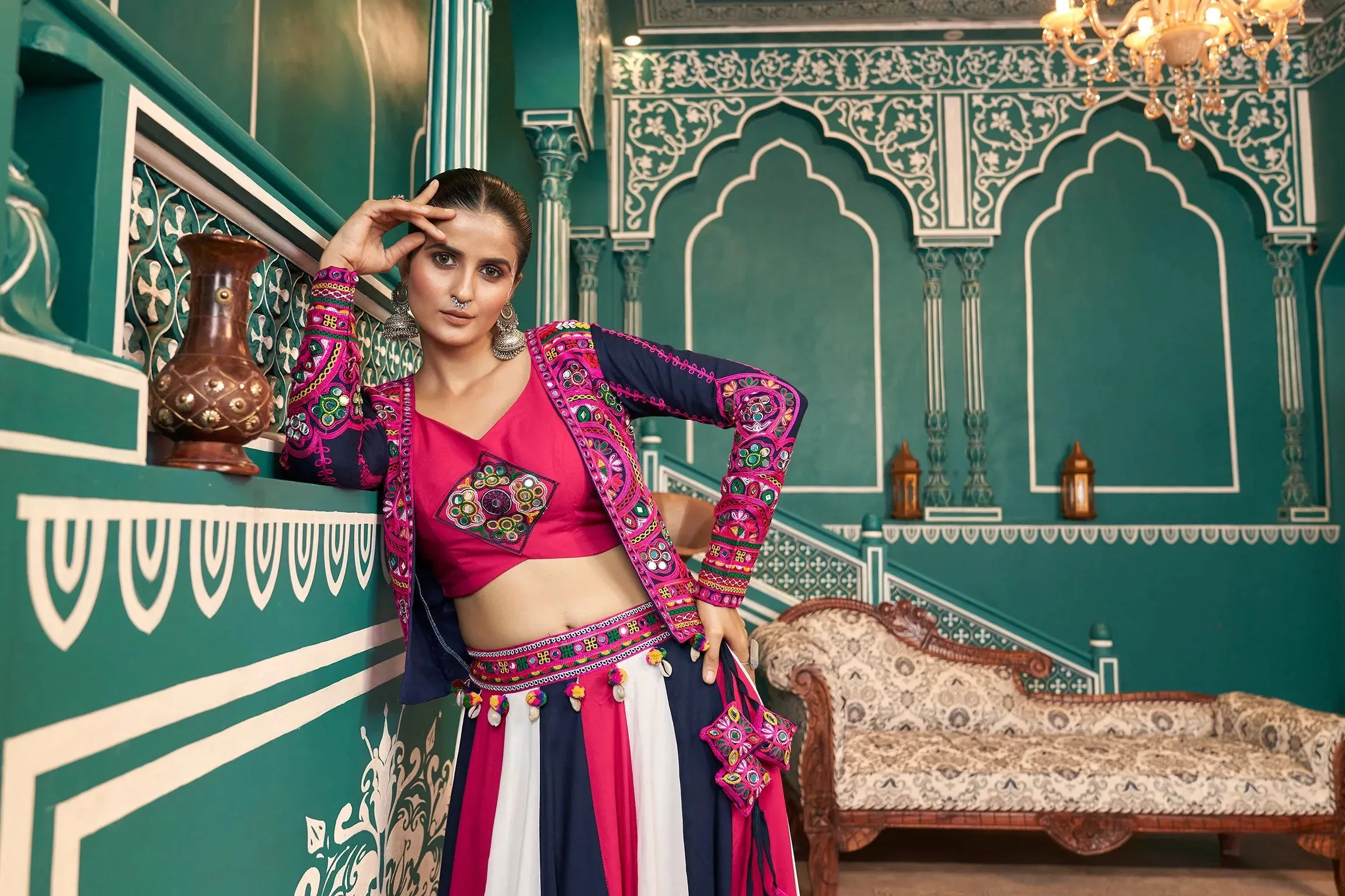 Peerless Multicolored Rayon Navratri Jacket Lehenga Choli