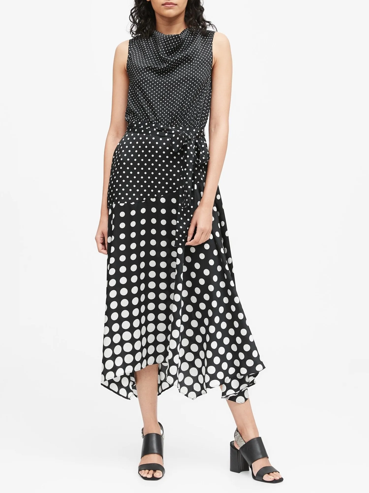Polka Dot Cowl-Neck Midi Dress in Black Dot
