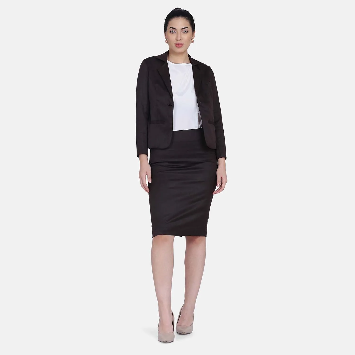 Poly Cotton Skirt Suit - Chocolate Brown