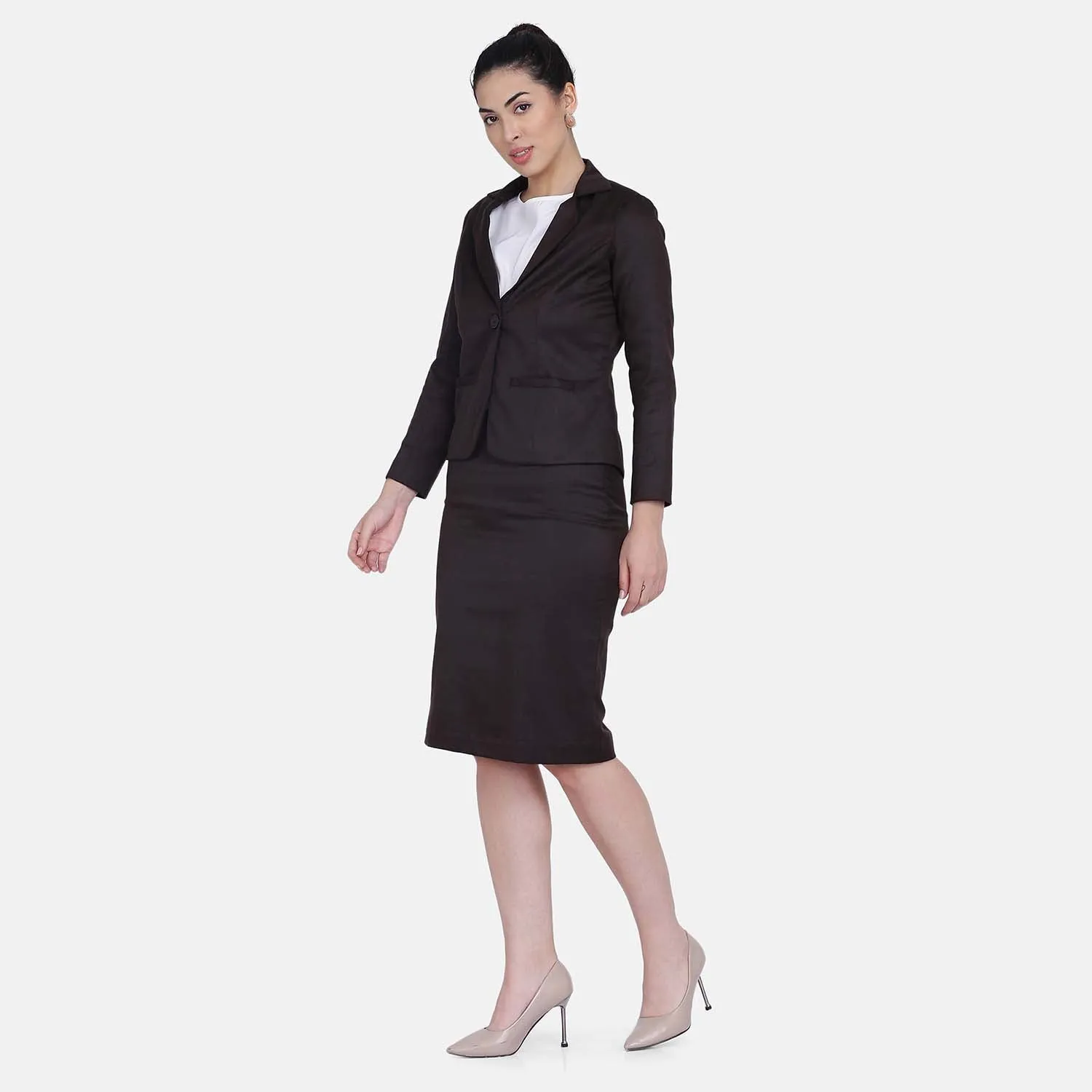 Poly Cotton Skirt Suit - Chocolate Brown
