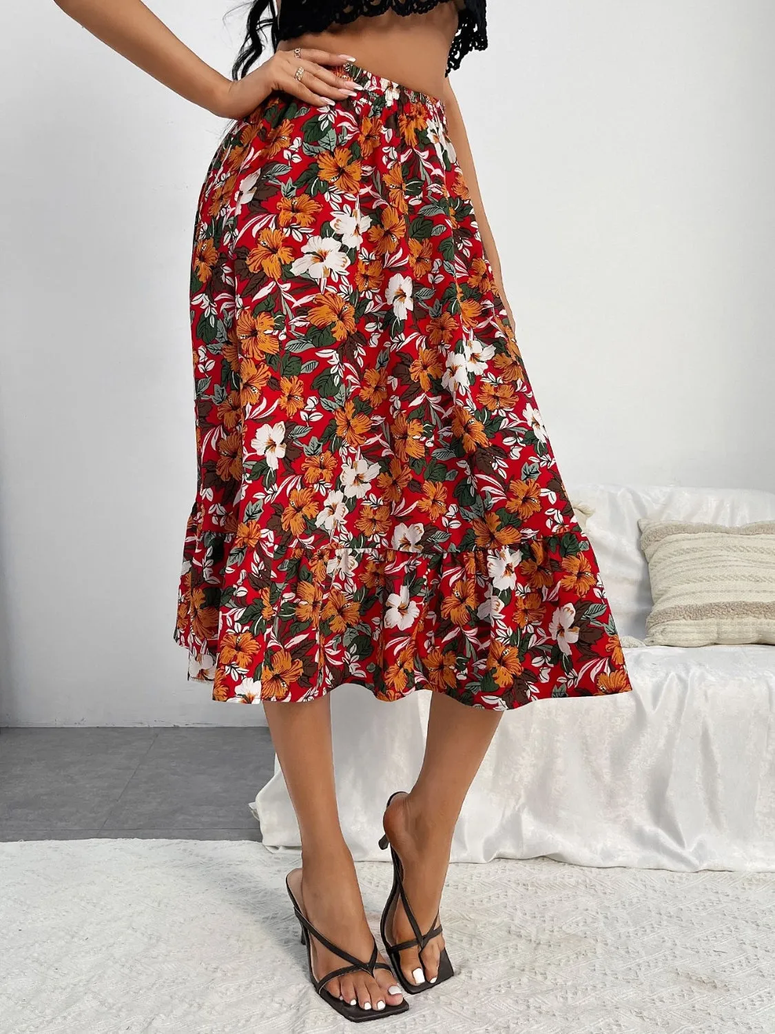 Printed Ruffle Hem Midi Skirt