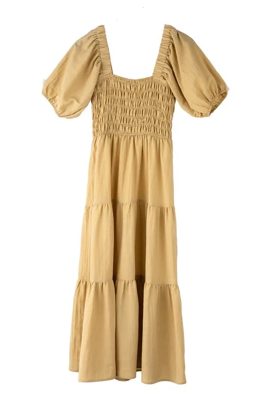 Puff Sleeve Smocked Tiered Midi Dress