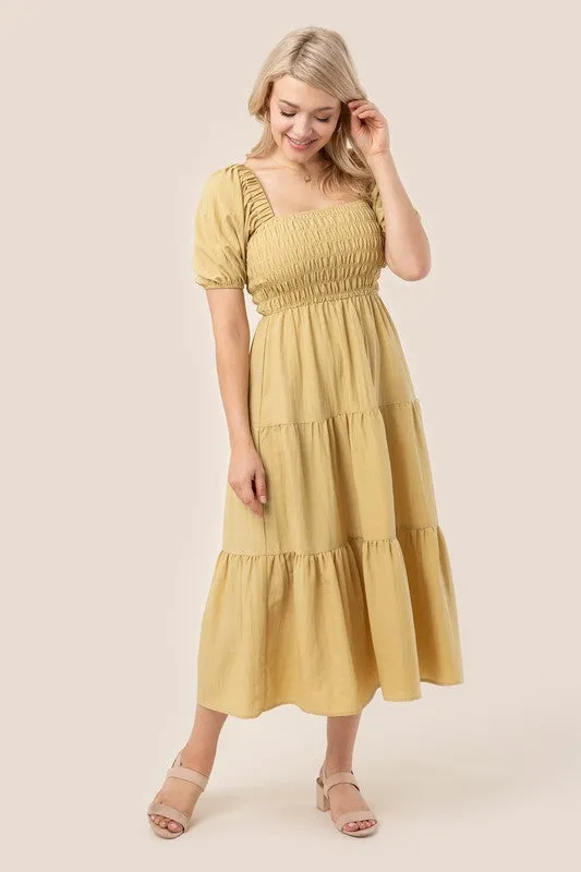 Puff Sleeve Smocked Tiered Midi Dress