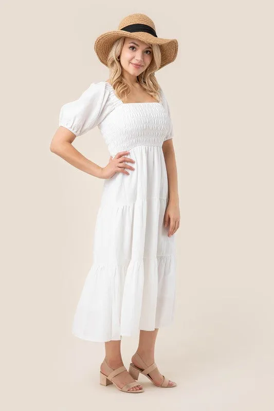 Puff Sleeve Smocked Tiered Midi Dress
