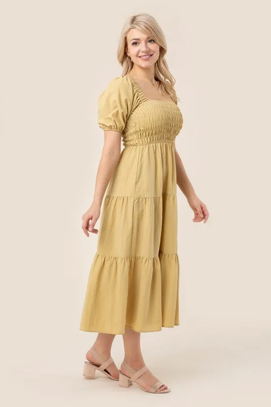 Puff Sleeve Smocked Tiered Midi Dress
