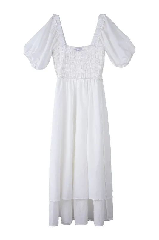 Puff Sleeve Smocked Tiered Midi Dress