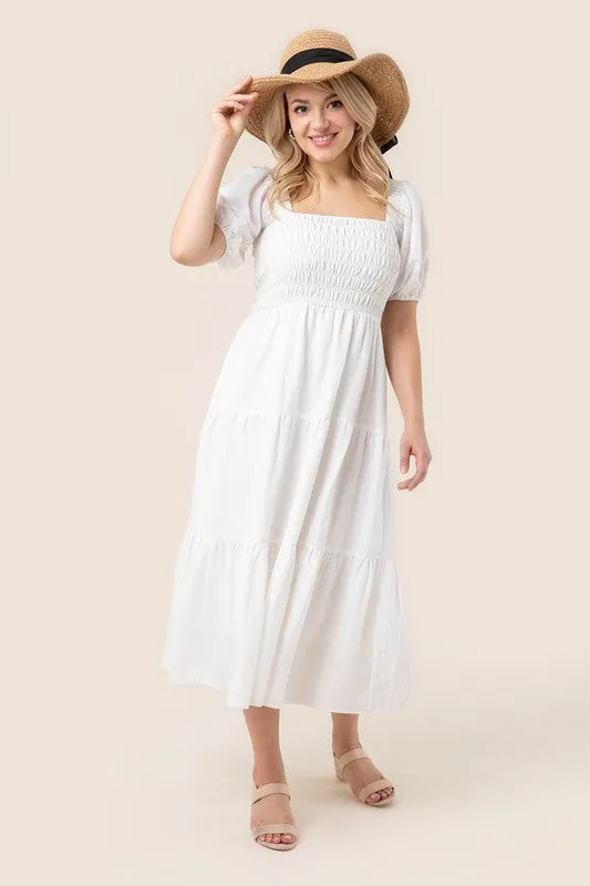 Puff Sleeve Smocked Tiered Midi Dress