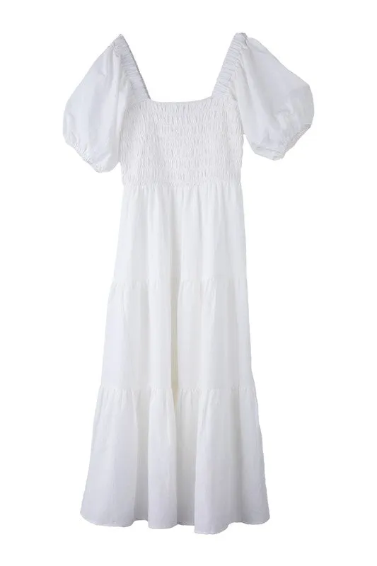 Puff Sleeve Smocked Tiered Midi Dress