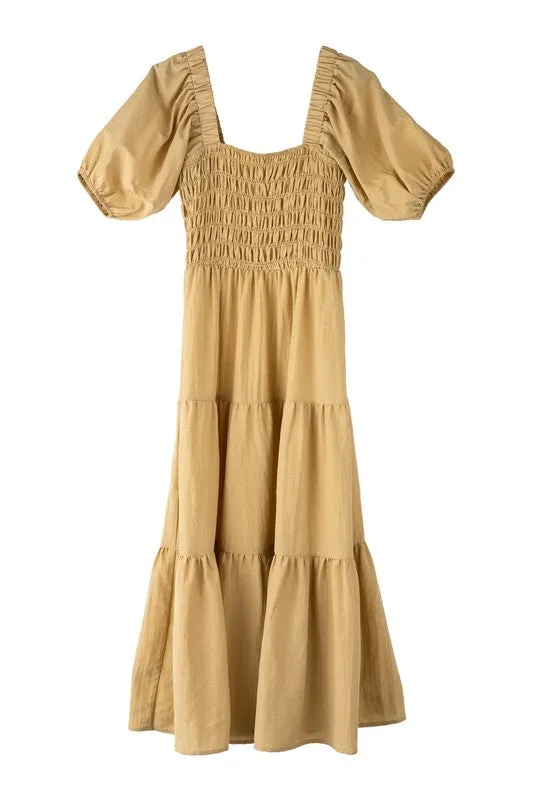 Puff Sleeve Smocked Tiered Midi Dress