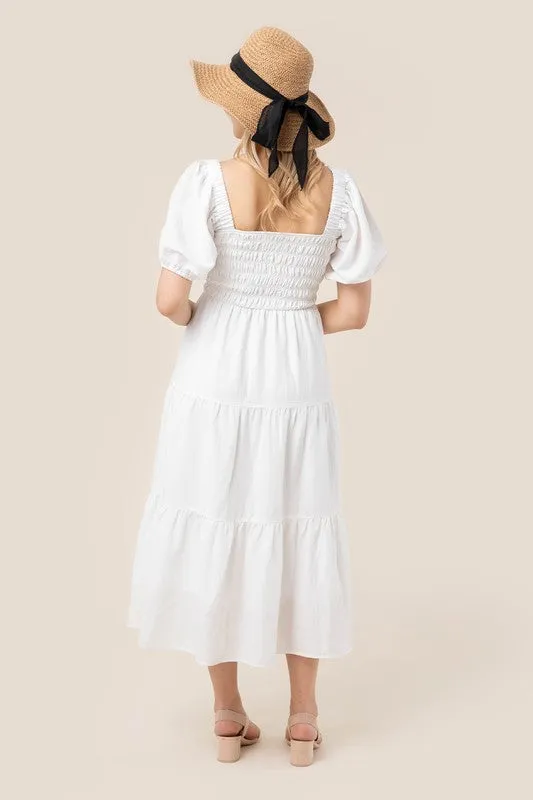 Puff Sleeve Smocked Tiered Midi Dress