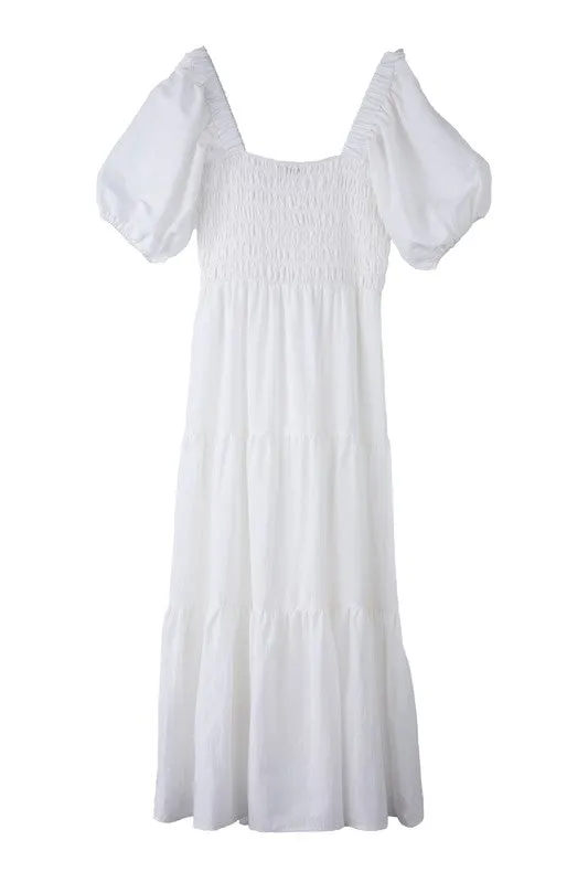 Puff Sleeve Smocked Tiered Midi Dress