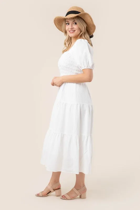 Puff Sleeve Smocked Tiered Midi Dress