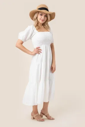 Puff Sleeve Smocked Tiered Midi Dress