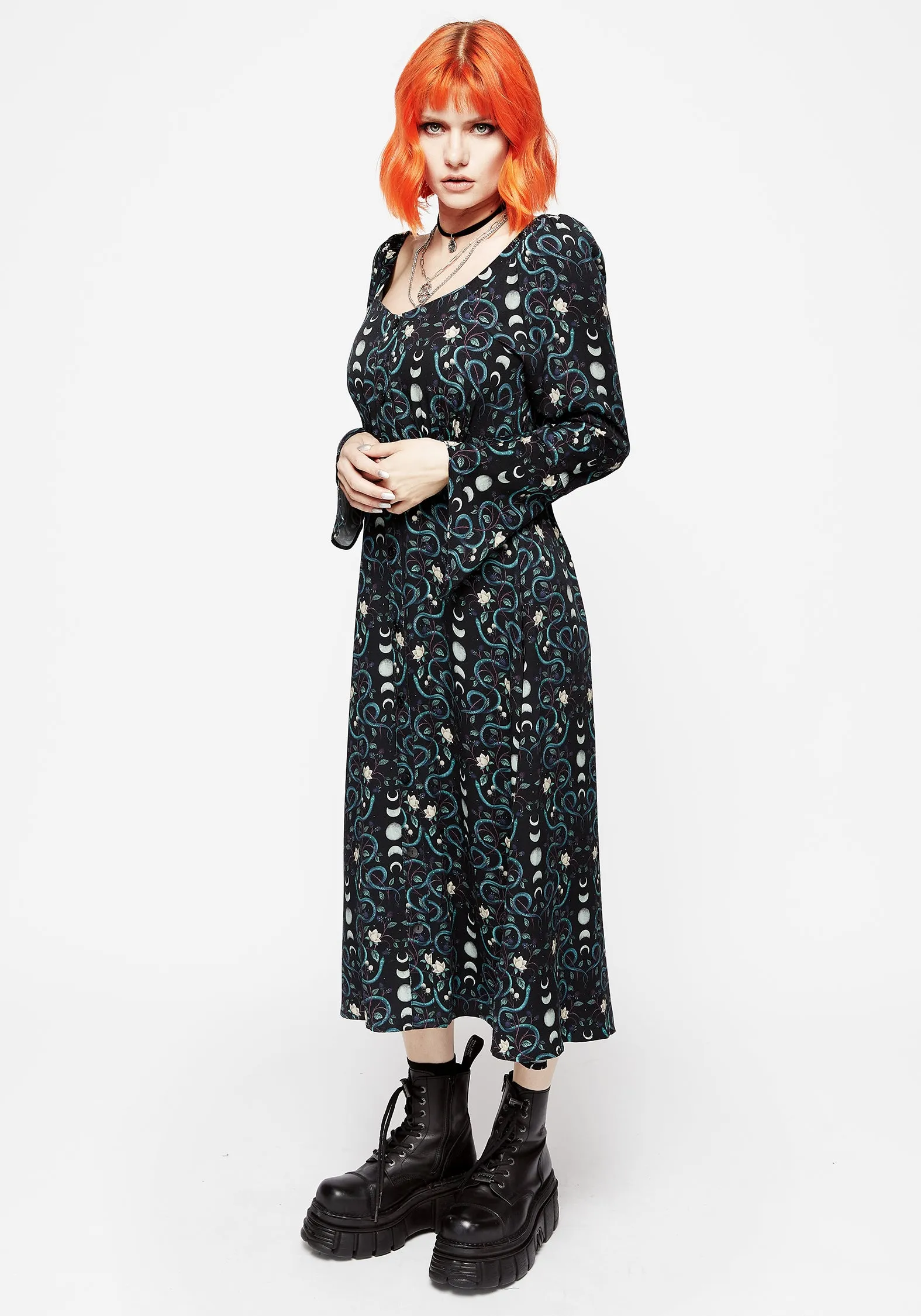Pythia Print Flute Sleeve Midi Dress