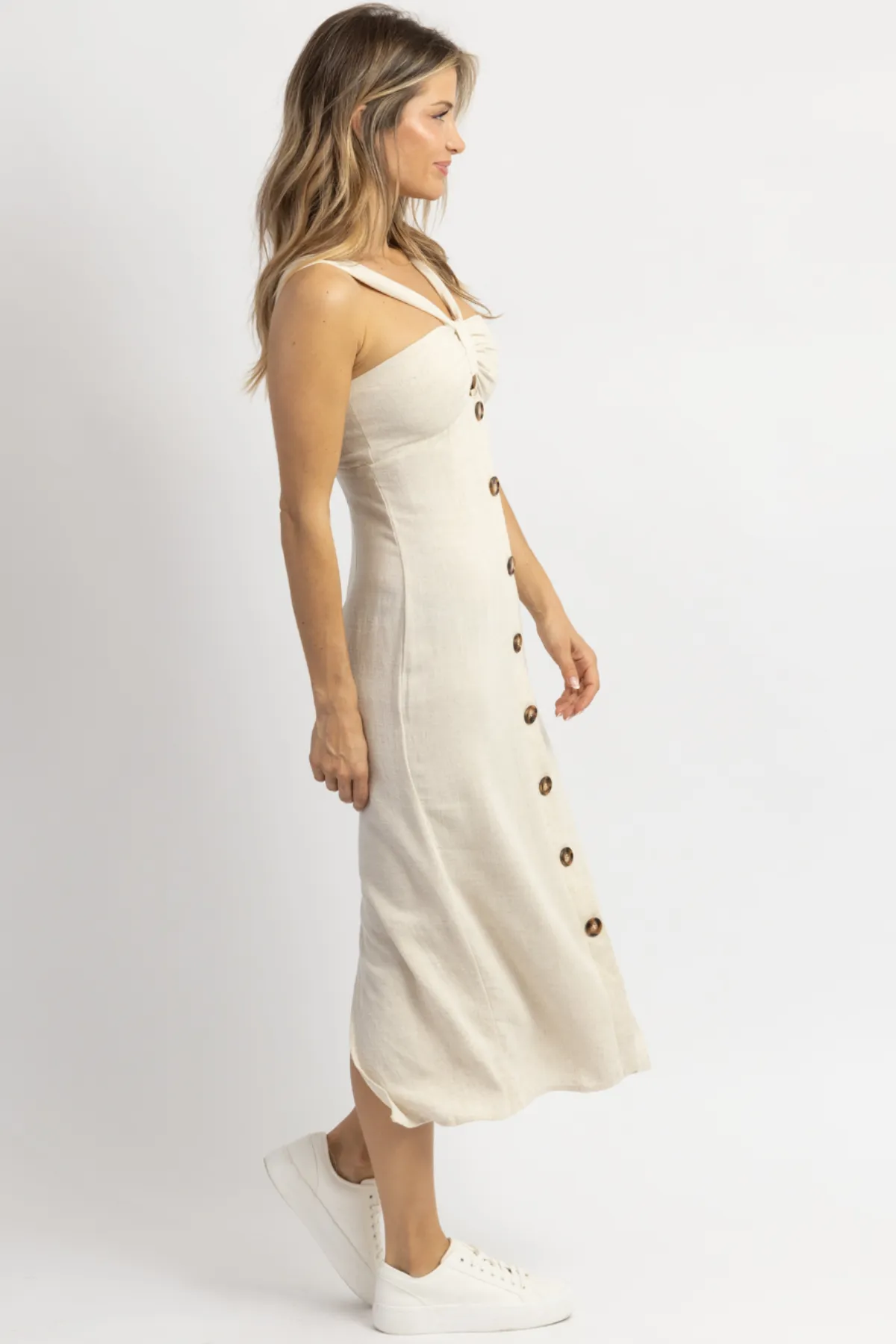 RAE NEUTRAL BOW   BUTTON MIDI DRESS *BACK IN STOCK*