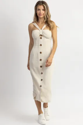 RAE NEUTRAL BOW   BUTTON MIDI DRESS *BACK IN STOCK*