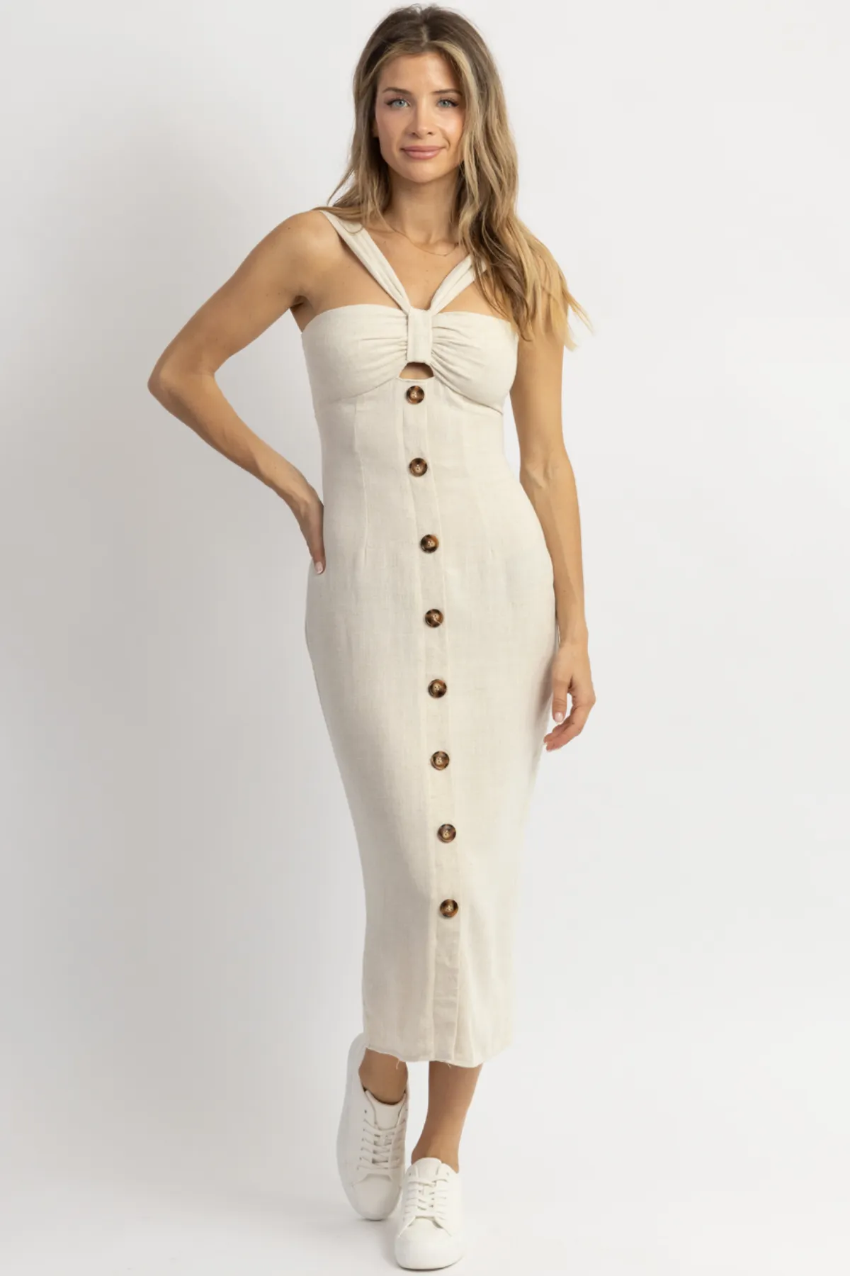 RAE NEUTRAL BOW   BUTTON MIDI DRESS *BACK IN STOCK*