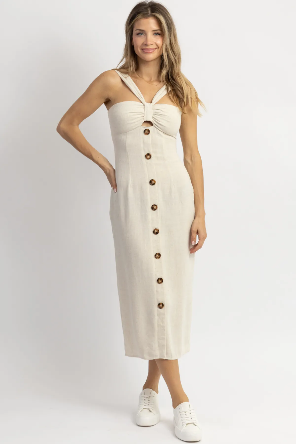 RAE NEUTRAL BOW   BUTTON MIDI DRESS *BACK IN STOCK*
