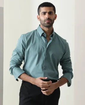 Rare Rabbit Men's Como Green Satin Fabric Button Down Collar Full Sleeves Solid Formal Shirt