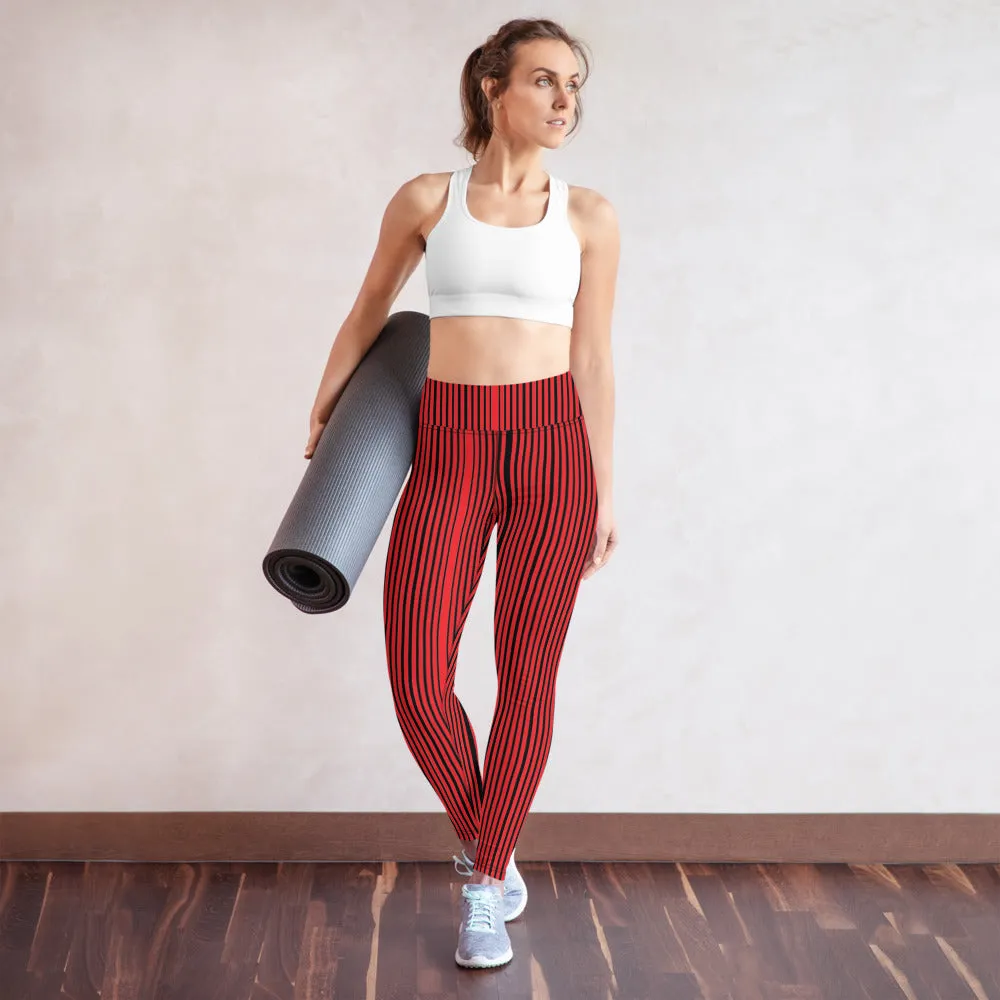 Red Black Striped Yoga Leggings, Vertically Striped Women's Long Gym Pants-Made in USA/EU