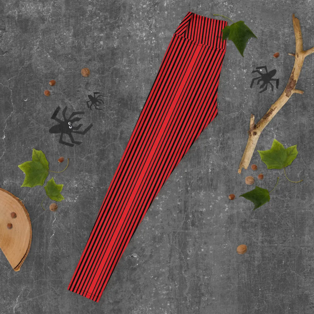 Red Black Striped Yoga Leggings, Vertically Striped Women's Long Gym Pants-Made in USA/EU