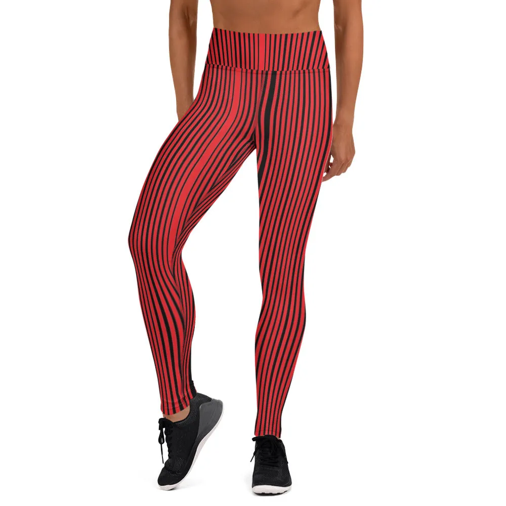 Red Black Striped Yoga Leggings, Vertically Striped Women's Long Gym Pants-Made in USA/EU