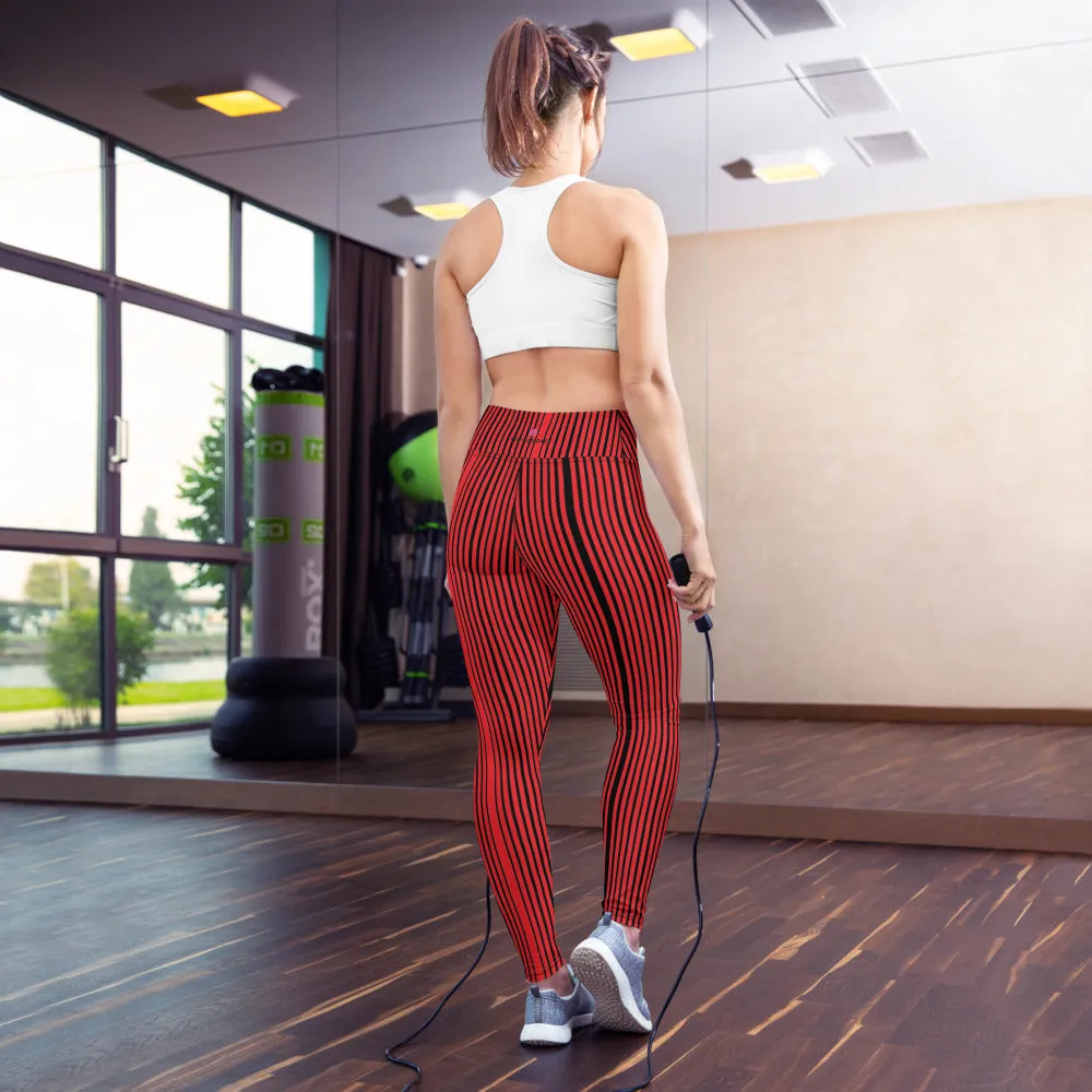 Red Black Striped Yoga Leggings, Vertically Striped Women's Long Gym Pants-Made in USA/EU