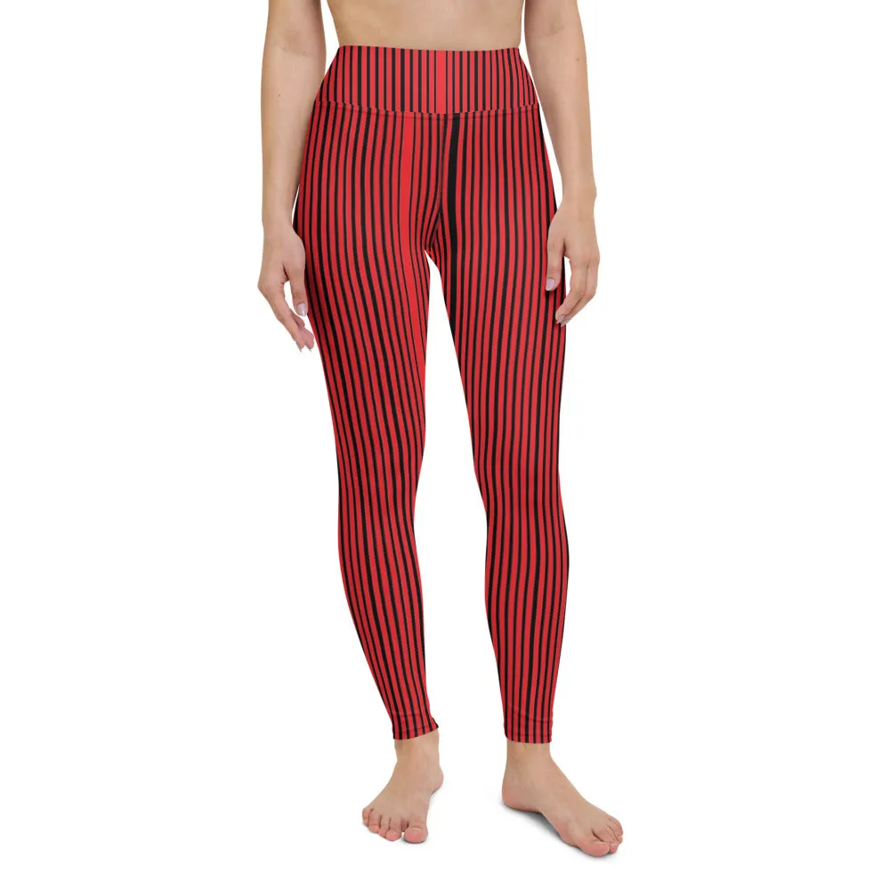 Red Black Striped Yoga Leggings, Vertically Striped Women's Long Gym Pants-Made in USA/EU
