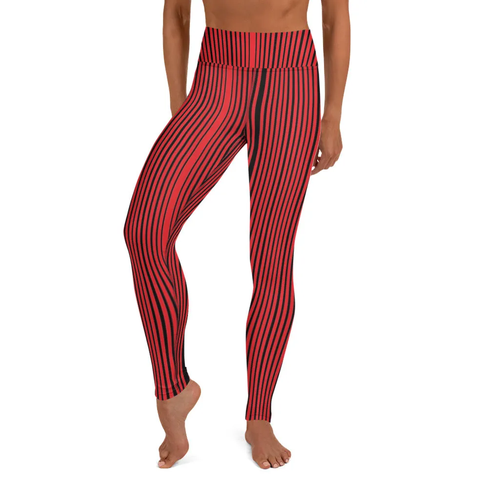 Red Black Striped Yoga Leggings, Vertically Striped Women's Long Gym Pants-Made in USA/EU