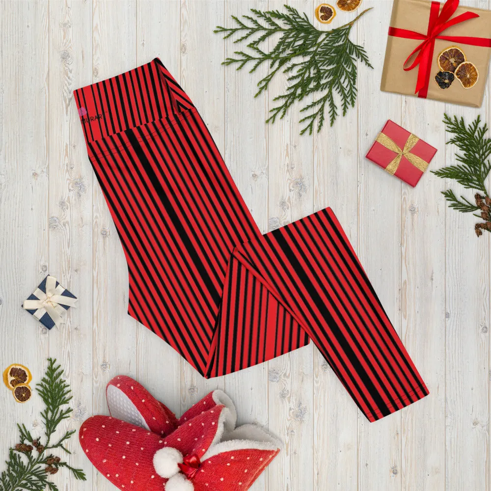 Red Black Striped Yoga Leggings, Vertically Striped Women's Long Gym Pants-Made in USA/EU