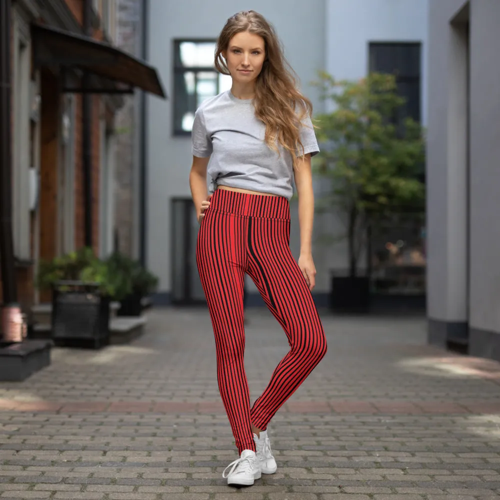 Red Black Striped Yoga Leggings, Vertically Striped Women's Long Gym Pants-Made in USA/EU