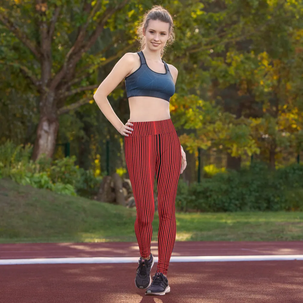 Red Black Striped Yoga Leggings, Vertically Striped Women's Long Gym Pants-Made in USA/EU