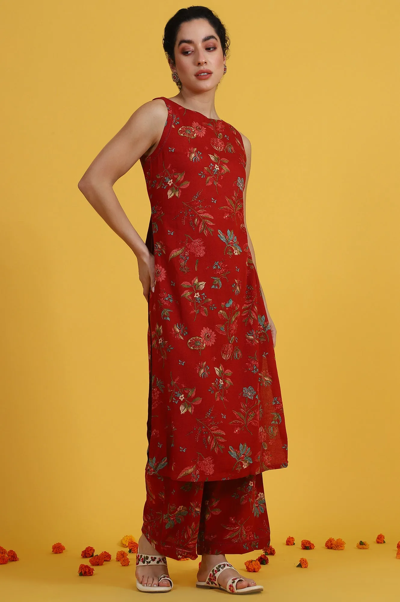 Red Floral Printed Sleeveless A-line Kurta and Flared Pants Co-ord Set