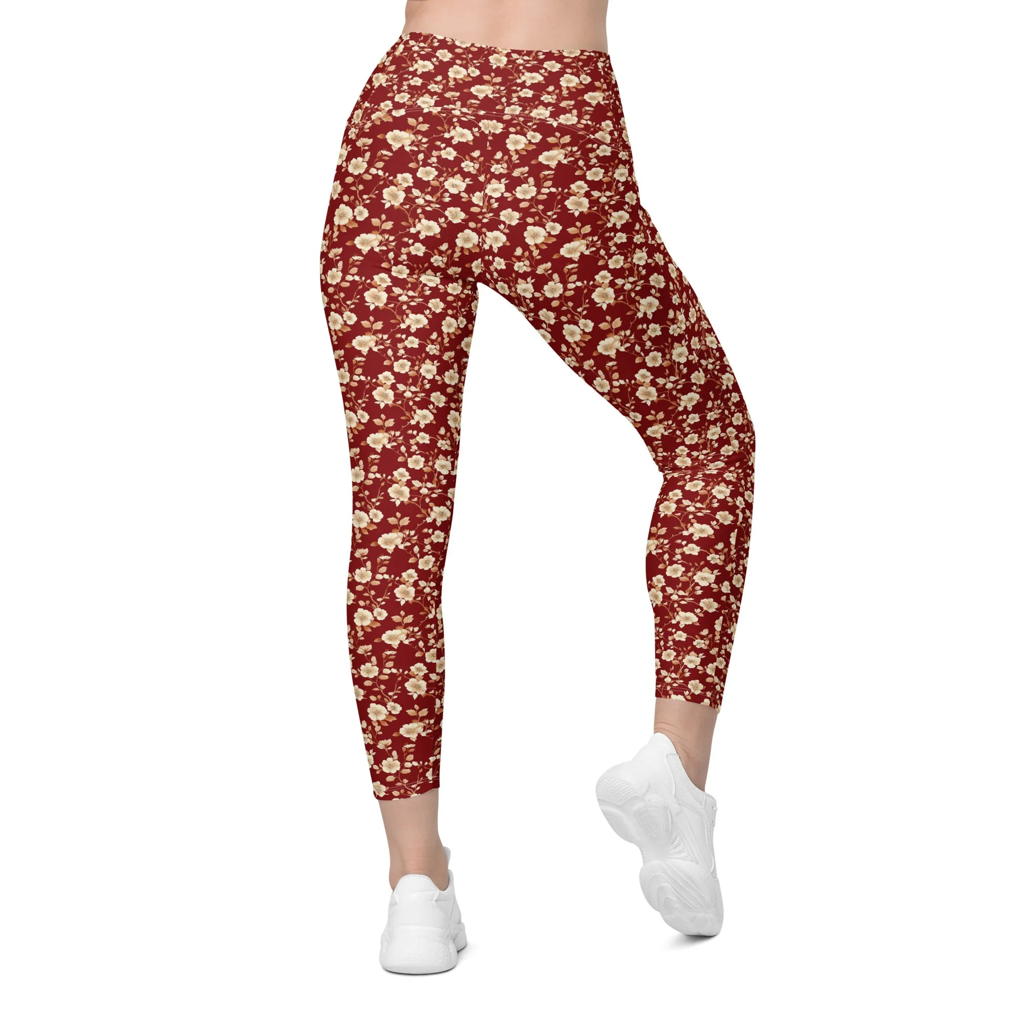 Red Floral Women Leggings Side Pockets, Flowers Printed High Waisted Yoga Pants Graphic Workout Running Gym Designer Plus Size Tightsr Plus Size Tights